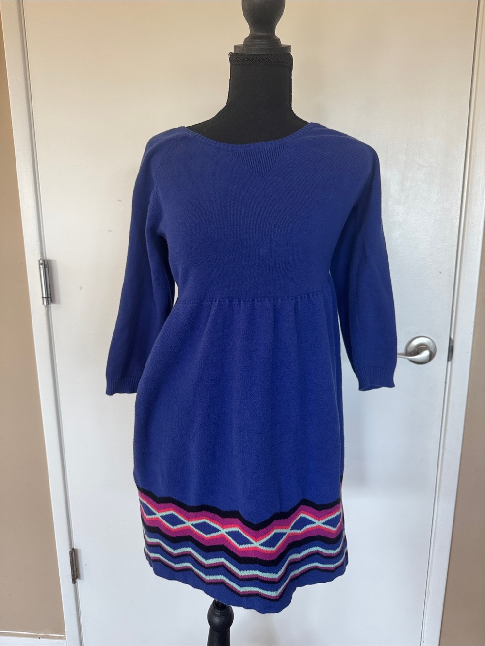 Roxy Girls Royal Blue Knit Dress with Pink & Black Chevron Trim